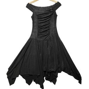 VTG Y2K 90s Truelight USA Asymetrical Hem Off The Shoulder Black Glitter Dress S
